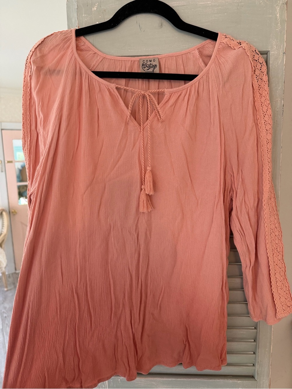 Como Vintage Coral Pink Peasant Tunic with Tassel Tie